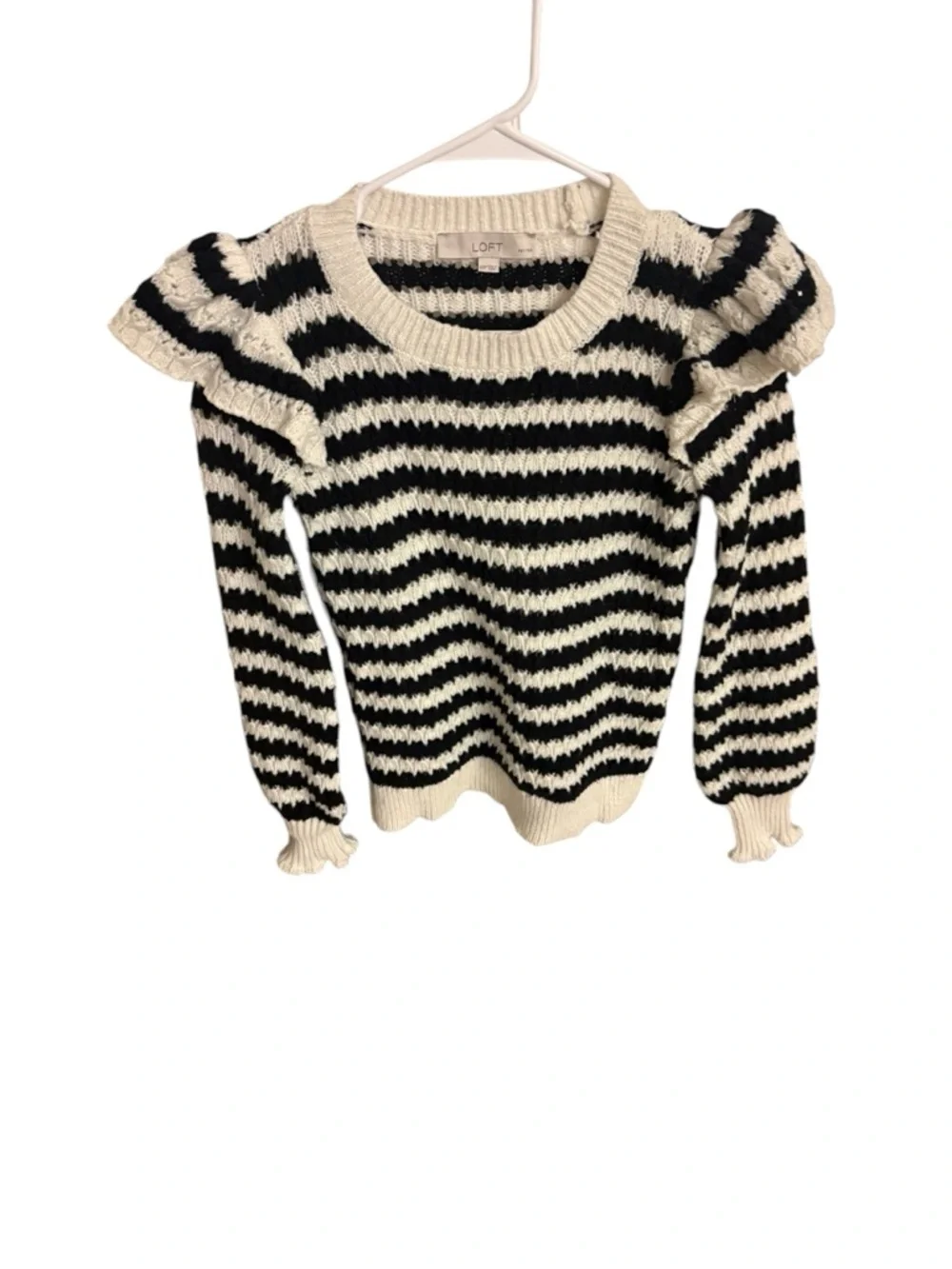 LOFT Black & Cream Striped Ruffle-Shoulder Crewneck Sweater - Picture 1 of 3